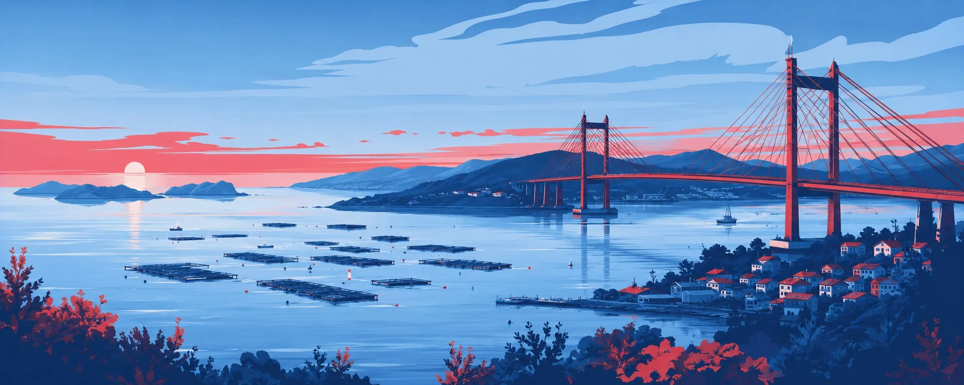Ilustración de la ría de Vigo al atardecer con el puente de Rande, las bateas y las islas Cíes al fondo