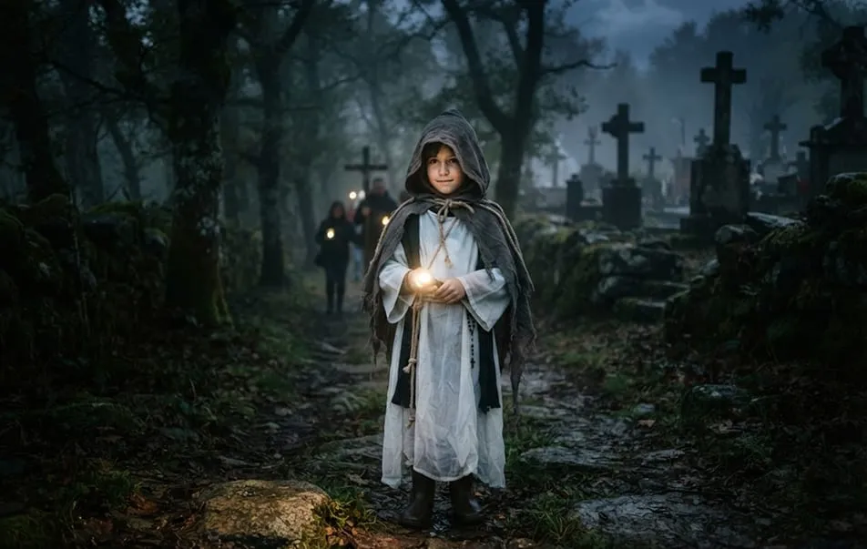 Niño con túnica blanca, capa gris y una linterna LED en un cementerio rural de noche