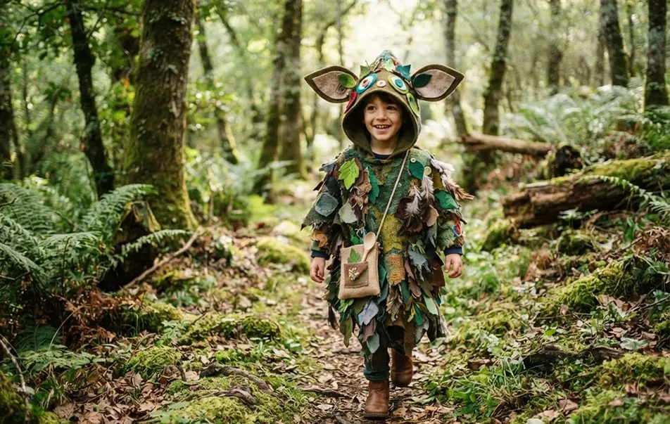Niño disfrazado de criatura del bosque con orejas grandes y hojas de tela, caminando entre helechos