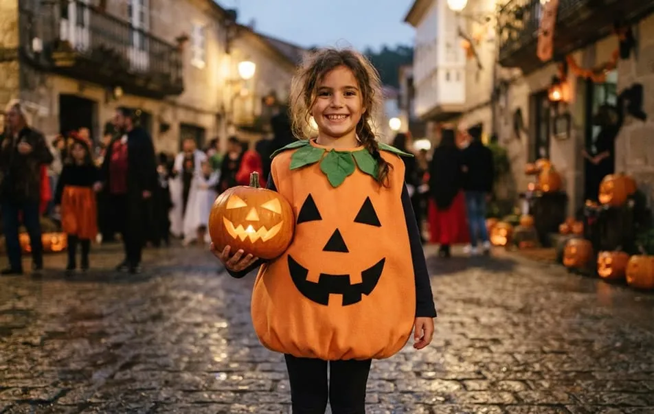 Niña con un disfraz de calabaza tallada hecho con camiseta naranja y fieltro, sosteniendo una calabaza iluminada en una calle empedrada