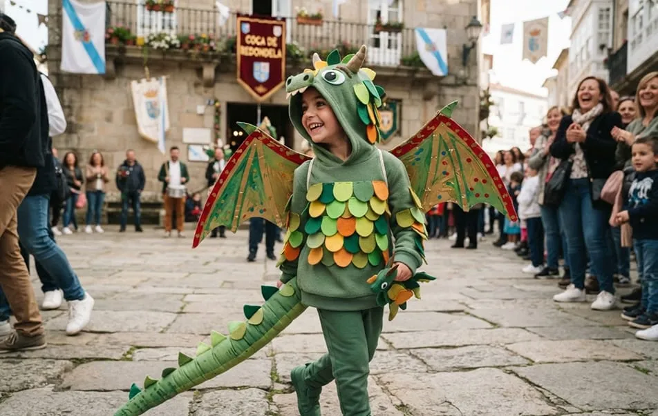 Niña vestida de dragón verde con escamas, alas y cola de tela, entre el público de una fiesta en la plaza de un pueblo