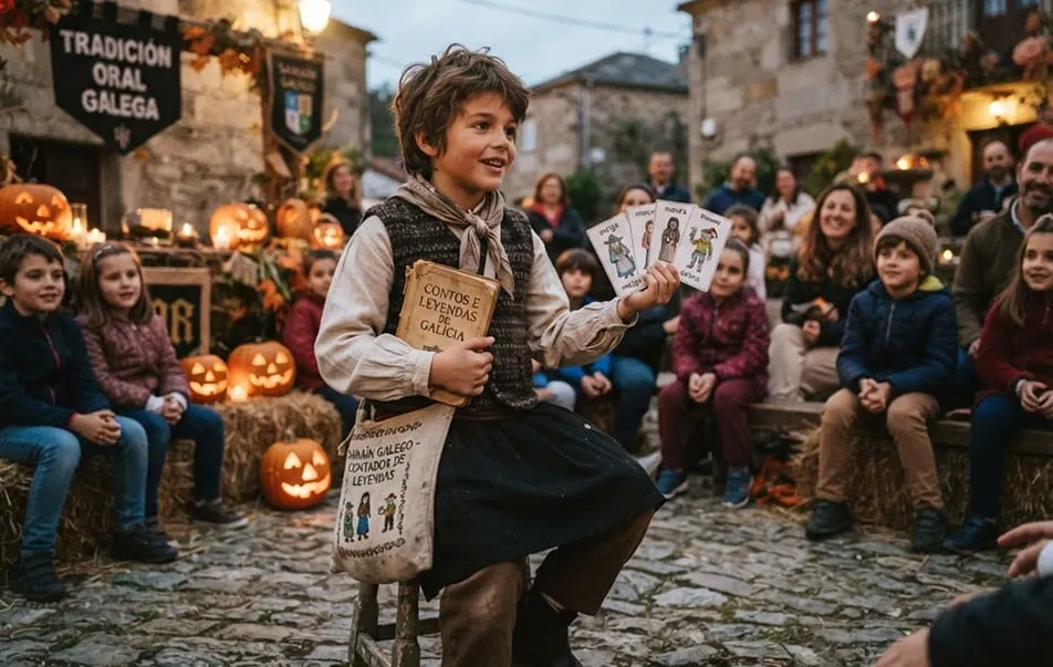 Niño vestido con ropa rural, chaleco y bolsa de tela, enseñando tarjetas de leyendas a un grupo de niños