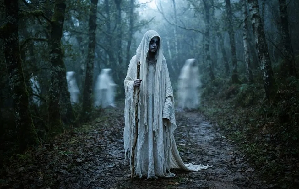 Joven con una túnica larga y clara y capucha en un camino de bosque con niebla, con figuras fantasmales al fondo