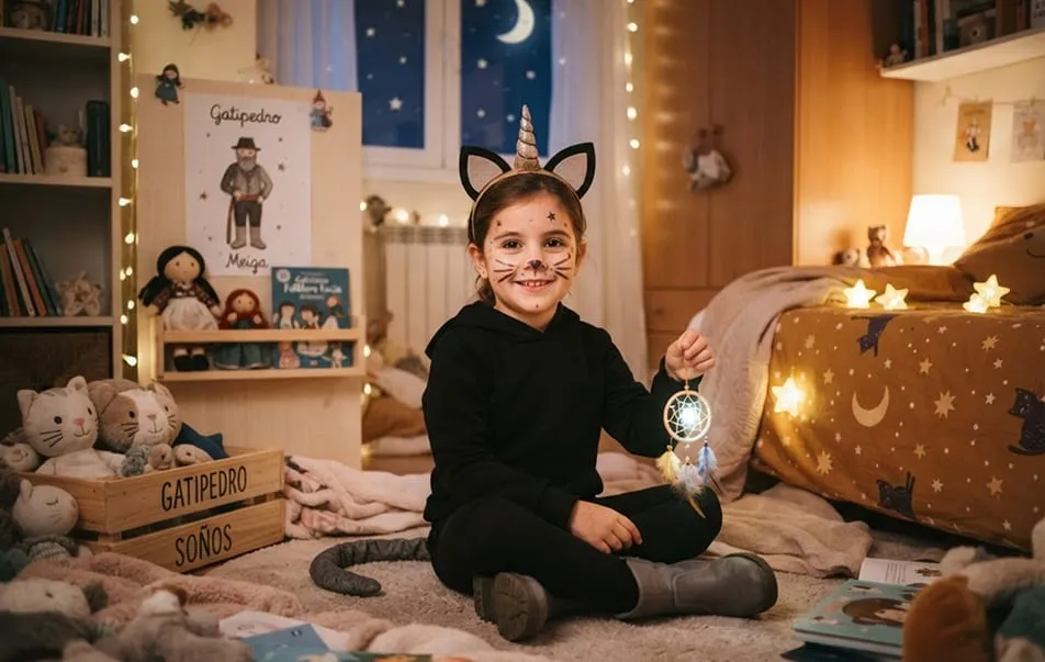 Niña con orejas de gato, cuerno de cartón y bigotes pintados, sentada en su habitación infantil con una linterna