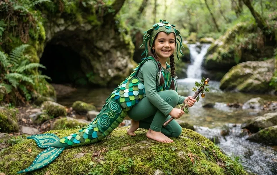 Niña con disfraz verde y azul de escamas y cola de tela, agachada sobre una roca junto a un arroyo