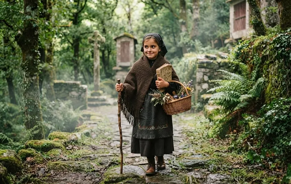 Niña vestida de meiga con pañuelo, chal, bastón y una cesta de hierbas en un camino de piedra del bosque