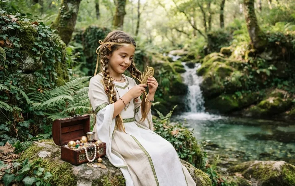 Niña vestida de moura con vestido claro, trenzas y cintas doradas, sentada junto a un cofre y un arroyo en el bosque
