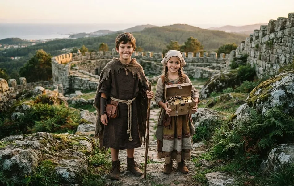 Dos niños disfrazados de mouro y moura, con túnicas de tonos tierra y cinturón de cuerda, junto a un cofre en las ruinas de un castro