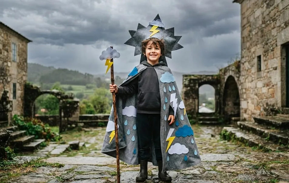 Niño con capa gris decorada con nubes, gotas y rayos, y un bastón, en un patio de piedra con cielo tormentoso