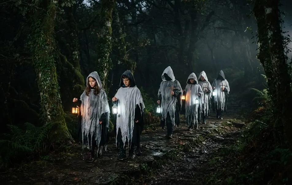 Tres niños con túnicas grises, capuchas y linternas LED avanzan en fila por un camino de bosque nocturno