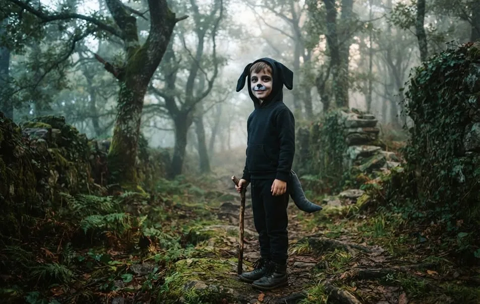 Niño con ropa negra, capucha con orejas de perro y maquillaje fantasmal en un bosque neblinoso