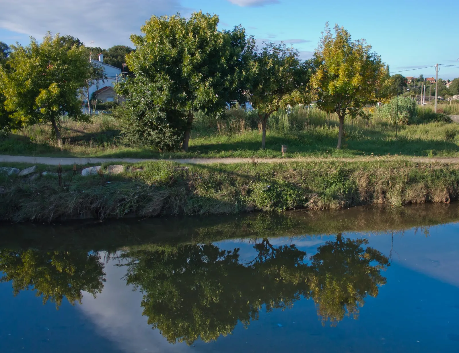 Camino de tierra junto al cauce del río Lagares, con árboles reflejados en el agua